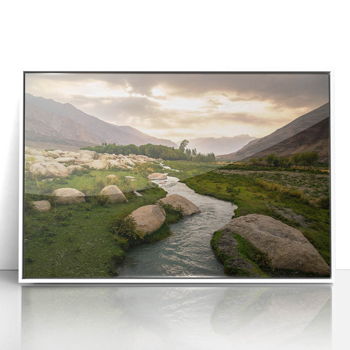 Art deco poster featuring a scenic Middle Eastern landscape in muted earth tones on a framed acrylic.