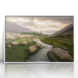 Art deco poster featuring a scenic Middle Eastern landscape in muted earth tones on a framed acrylic.