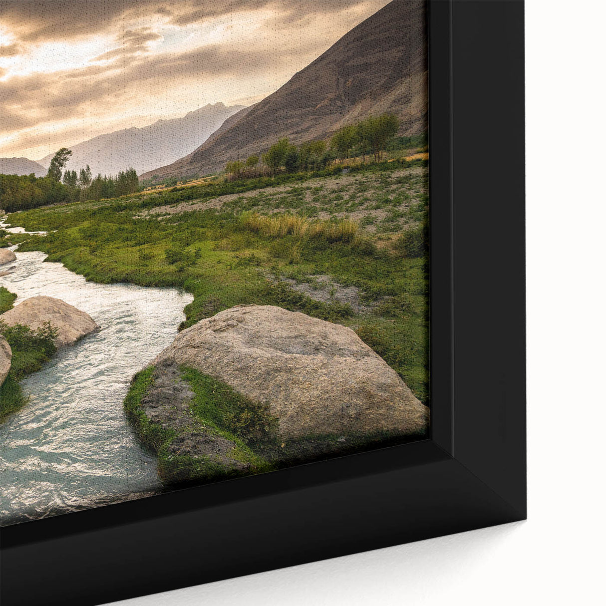 Extra large framed canvas featuring a textured black wall art scene of a Middle Eastern landscape in vibrant colors.