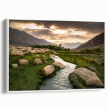 Vintage poster art of a Middle Eastern desert scene on a framed canvas, featuring earthy tones, ideal for living room decor.