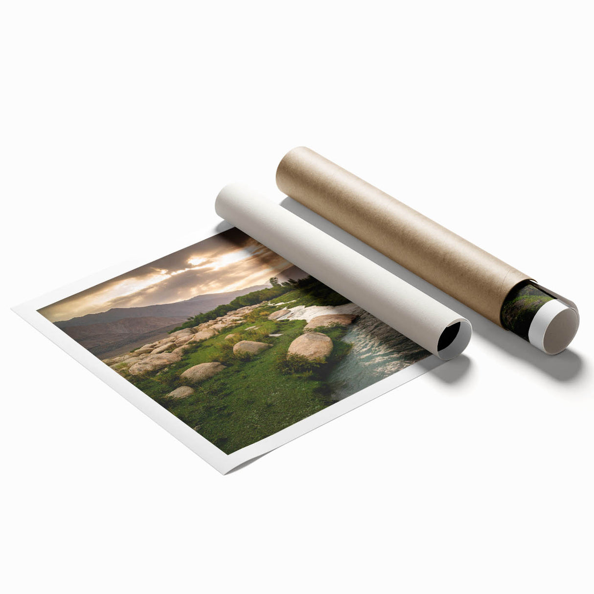 Extra large rolled print featuring a floral scenery of Afghanistan, in muted earth tones, ideal for classy bathroom wall art.