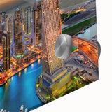 Large abstract depiction of Dubai skyline on acrylic glass, featuring muted earth tones, ideal for dining room art.