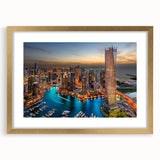 Extra large abstract art print of Dubai skyline in textured gold tones on a framed canvas, ideal for living room decor.