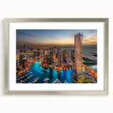 Textured abstract art print of Dubai skyline in muted silver and gray tones on a framed canvas, suitable for bedroom decor.