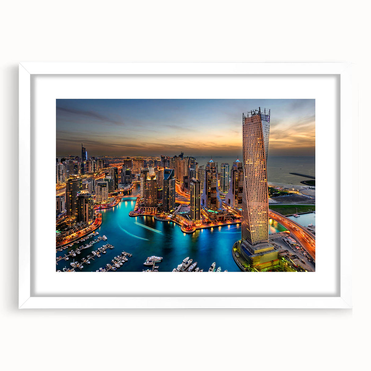 Abstract art print of Dubai skyline in muted gray and blue tones on a framed white canvas, suitable for dining room decor.