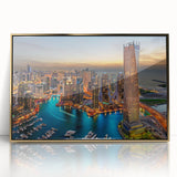 Framed acrylic print of Dubai skyline in gold and blue tones, suitable for modern art wall decor.