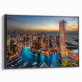 Black and white framed canvas of Dubai skyline with vintage poster art style, ideal for bedroom wall decor.