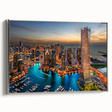 Framed canvas featuring a landscape art painting of the Dubai skyline in colorful hues, ideal for modern office decor.