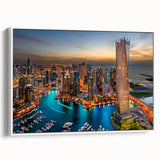 Vintage poster art of Dubai skyline in colorful tones on framed canvas, ideal for living room decor.