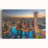 Black and white stretched canvas of Dubai skyline, ideal for kitchen wall art.