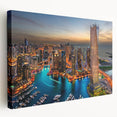 Large stretched canvas featuring a detailed Dubai skyline in muted earth tones, ideal for kitchen wall art.
