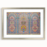 Textured abstract art print depicting a Middle Eastern scenery in muted earth tones, framed in silver, ideal for bedroom art.