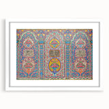 Abstract art print of a Middle Eastern landscape in muted earth tones on a white framed poster.