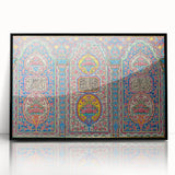 Large abstract wall art depicting a Middle Eastern scenery in muted earth tones, framed in black acrylic.
