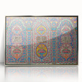 Mid-century modernist art depicting a serene Middle Eastern landscape in muted earth tones, framed acrylic.