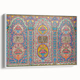 Vintage poster art of a Middle Eastern scenery in vibrant colors on a large framed canvas, ideal for living room decor.
