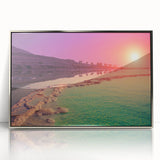 Mid-century modernist art of the Dead Sea in muted blues and grays, framed acrylic, suitable for modern art wall decor.