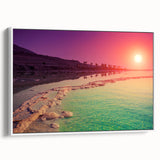 Vintage poster art of the Dead Sea with muted blues and whites on framed canvas, ideal for living room decor.