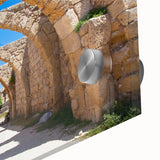 Large abstract depiction of Jerusalem in muted earth tones on acrylic glass, ideal for dining room art.