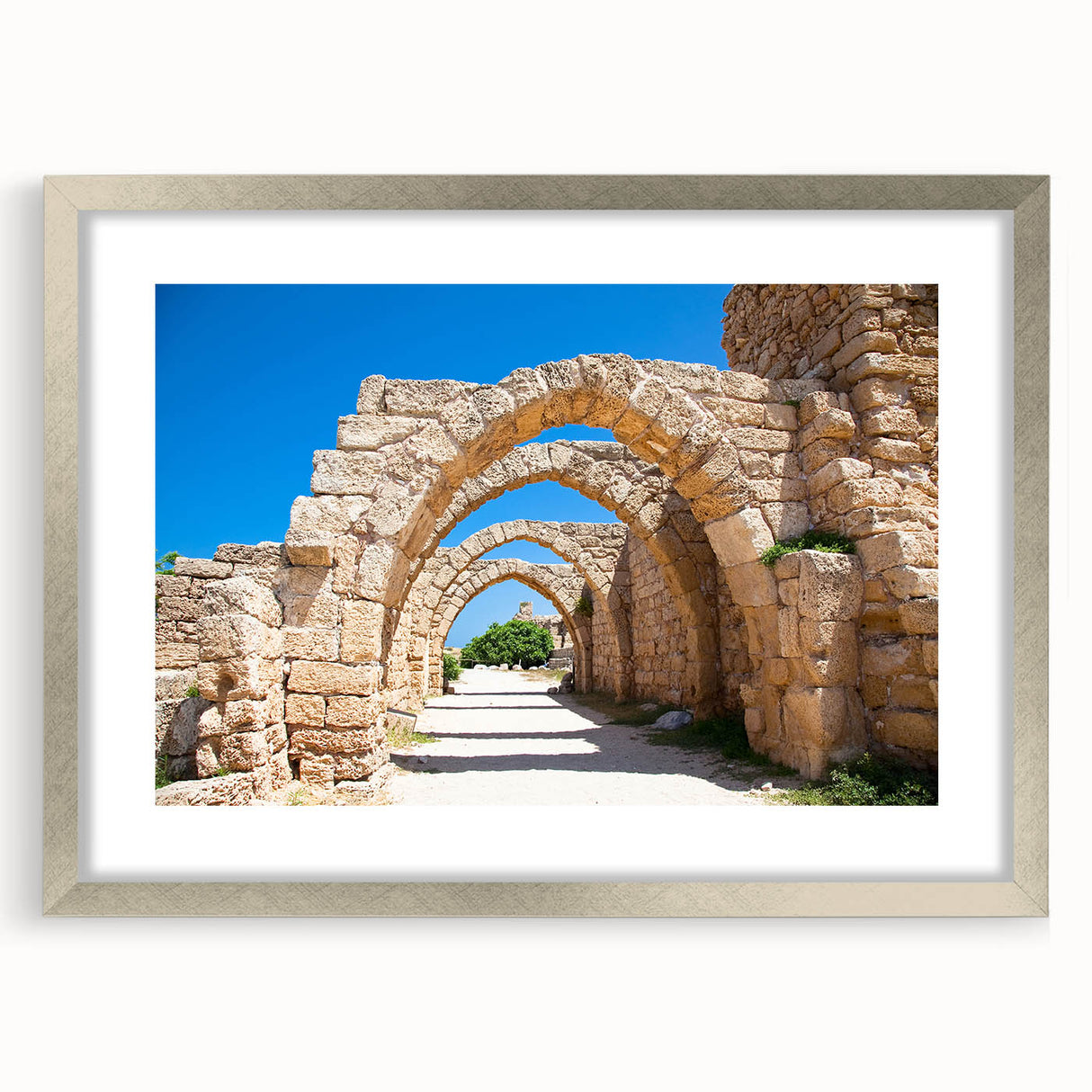 Textured abstract art print of Jerusalem skyline in muted earth tones on a framed canvas, suitable for bedroom decor.