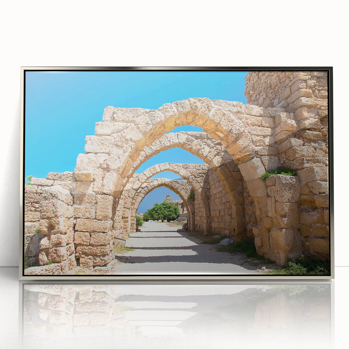 Mid-century modernist art of Jerusalem skyline in muted earth tones on a framed acrylic print.