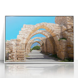 Art deco poster of Jerusalem skyline in muted earth tones on a framed acrylic, ideal for modern art wall decor.