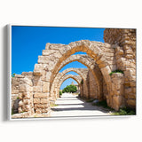 Framed canvas vintage poster art of Jerusalem skyline in muted earth tones, ideal for living room decor.