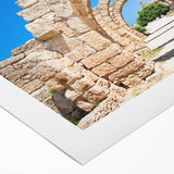 Art deco poster of Jerusalem skyline in muted gold and blue tones on rolled canvas, suitable for dining room decor.