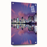 Acrylic print of Tel Aviv skyline in muted blues and grays, ideal for modern dining room decor.