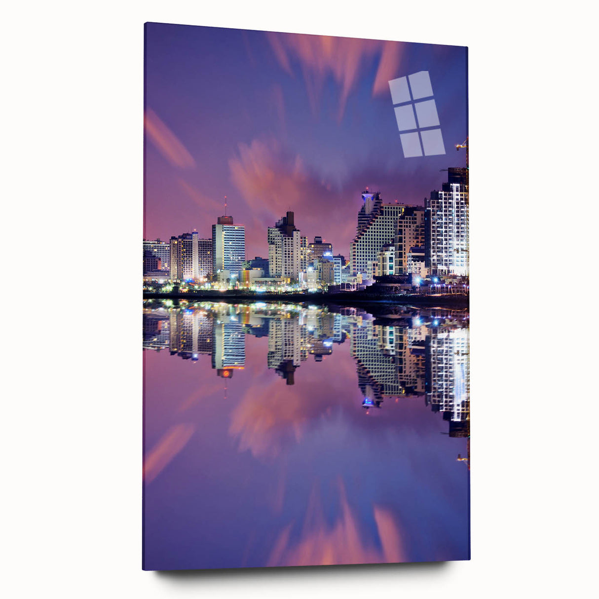 Large abstract wall art of Tel Aviv skyline in muted blue and gray tones on acrylic glass.