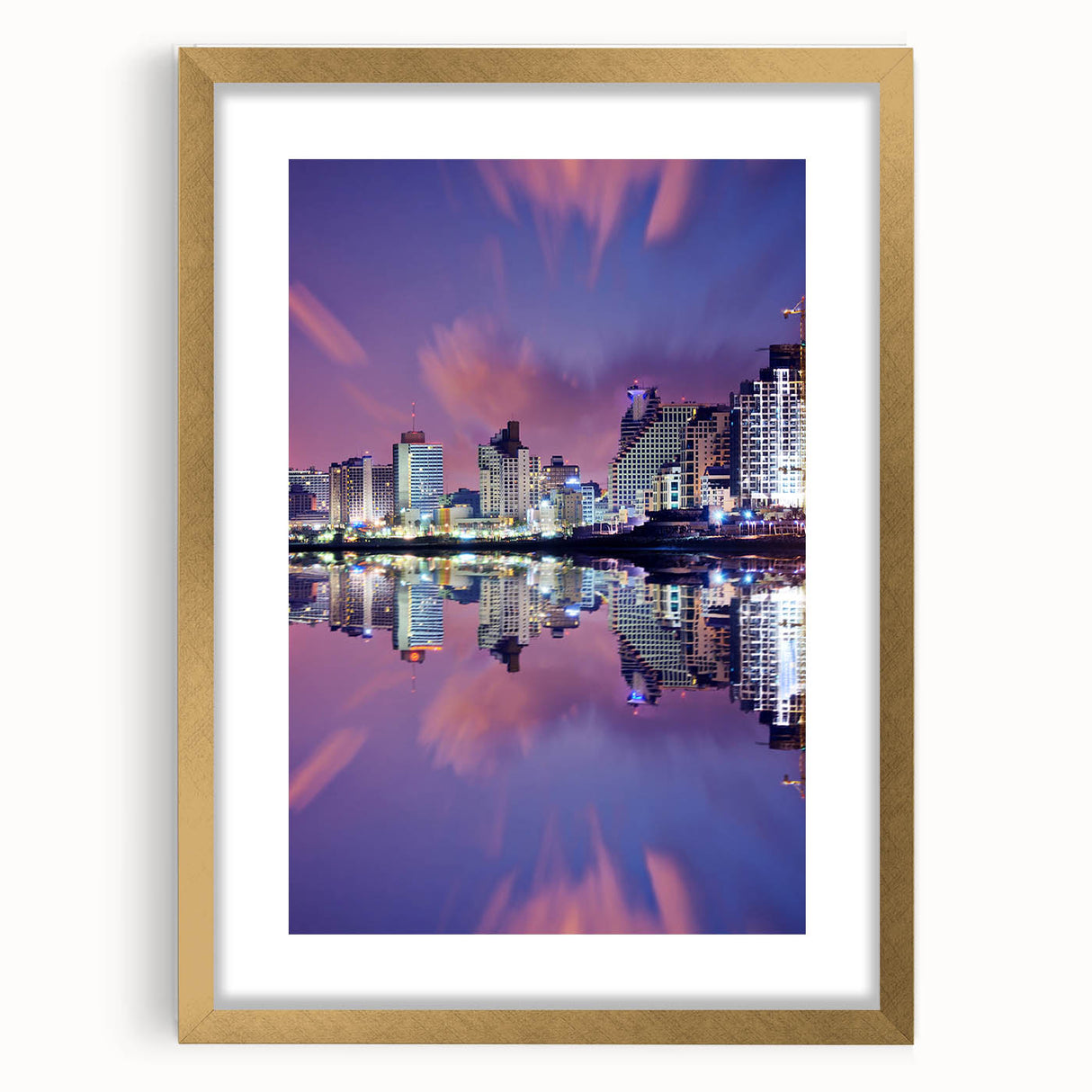 Extra large abstract art print of Tel Aviv skyline in textured gold tones on a framed canvas, ideal for living room decor.