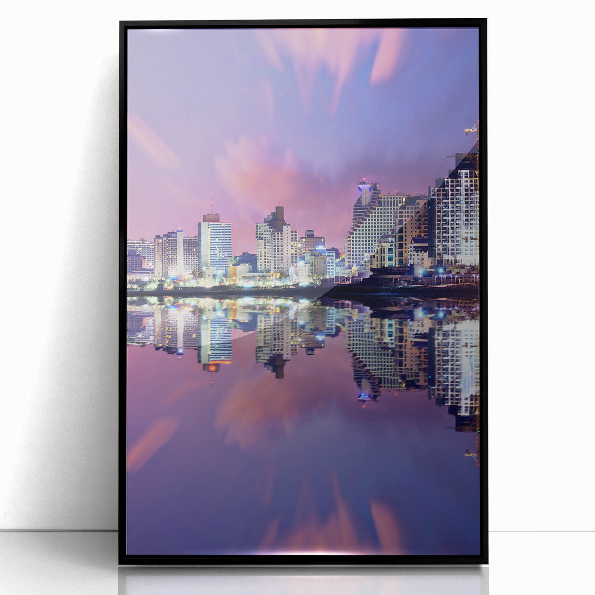 Large abstract wall art depicting the Tel Aviv skyline in muted gray tones on a framed acrylic.