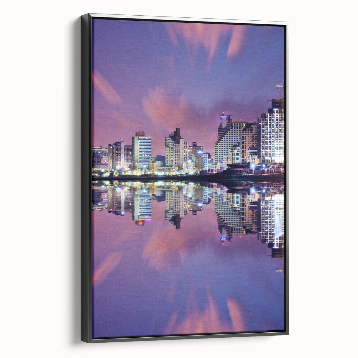 Black and white landscape art painting of Tel Aviv on framed canvas, suitable for bedroom wall decor.