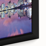 Extra large framed canvas of Tel Aviv skyline in black with colorful, textured elements, ideal for living room decor.