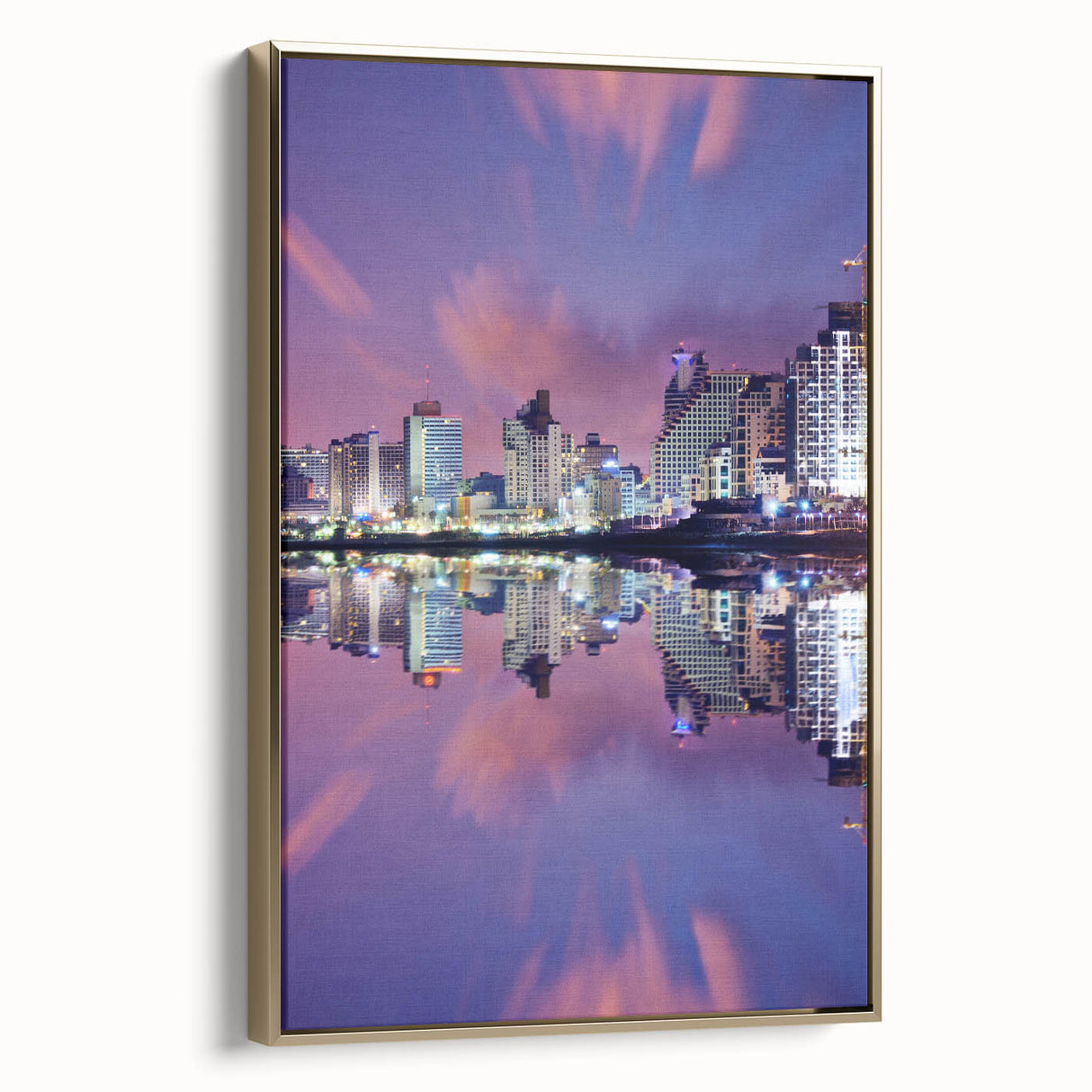 Framed canvas of Tel Aviv landscape in vintage poster style with black and gold tones, suitable for bedroom wall art.