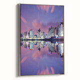 Framed canvas landscape art painting of Tel Aviv skyline in muted silver and black tones, ideal for office decor.