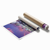 Extra large rolled print of Tel Aviv skyline with floral accents in soft pastel colors, perfect for classy bathroom wall art.