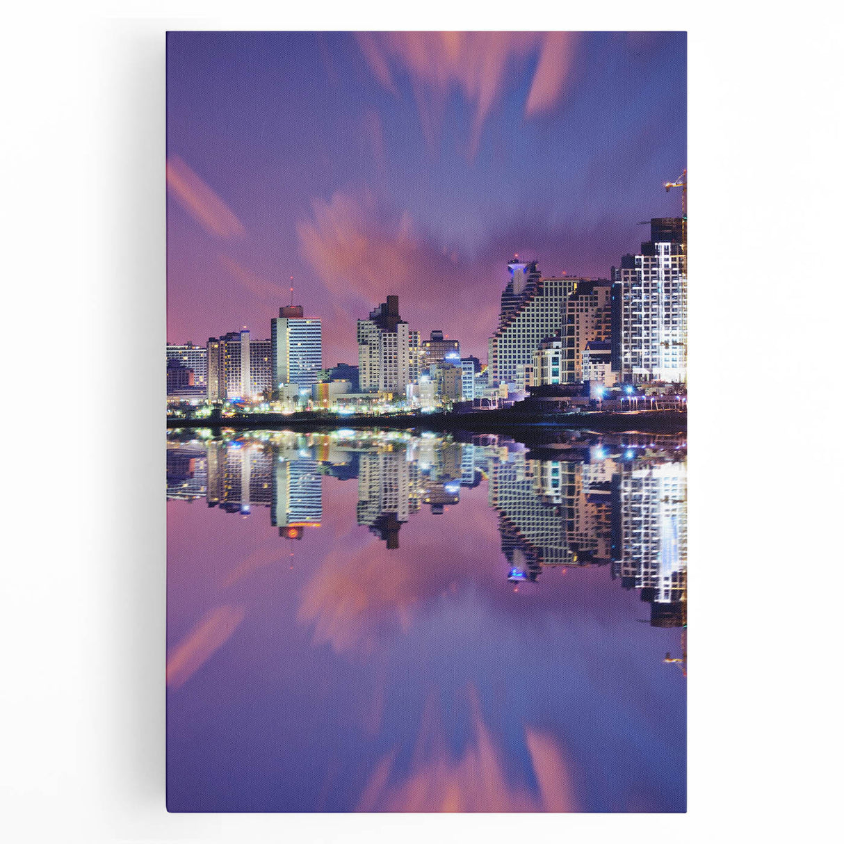 Black and white stretched canvas of Tel Aviv skyline, ideal for kitchen wall art.