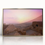Mid-century modernist acrylic print of a Middle Eastern scenery in gold tones, ideal for modern art wall decor.