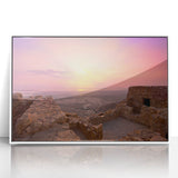 Acrylic print of a Middle Eastern landscape with muted earth tones, framed in white, suitable for modern art wall decor.