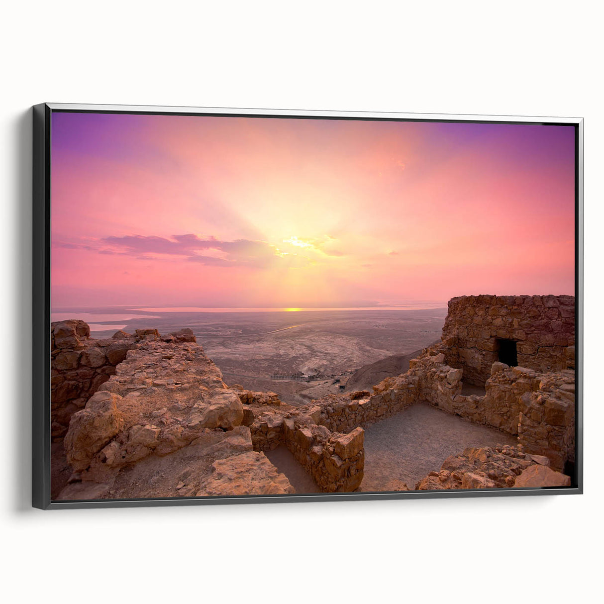 Black and white framed canvas of a Middle Eastern landscape, ideal for bedroom wall art.