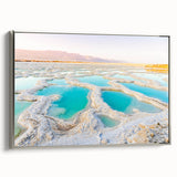 Framed canvas featuring a landscape art painting of Jordan with colorful and vintage poster art elements.