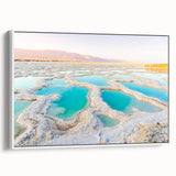 Vintage poster art of a Jordanian landscape on a framed canvas, featuring vibrant colors, ideal for living room decor.
