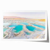 Middle Eastern desert landscape on rolled print with soft beige and green tones, suitable for dining room wall art.