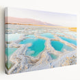 Side view of a stretched canvas featuring a detailed Jordanian landscape in earthy tones, ideal for kitchen wall art.
