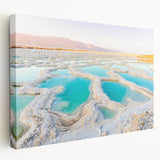 Side view of a stretched canvas featuring a detailed Jordanian landscape in earthy tones, ideal for kitchen wall art.