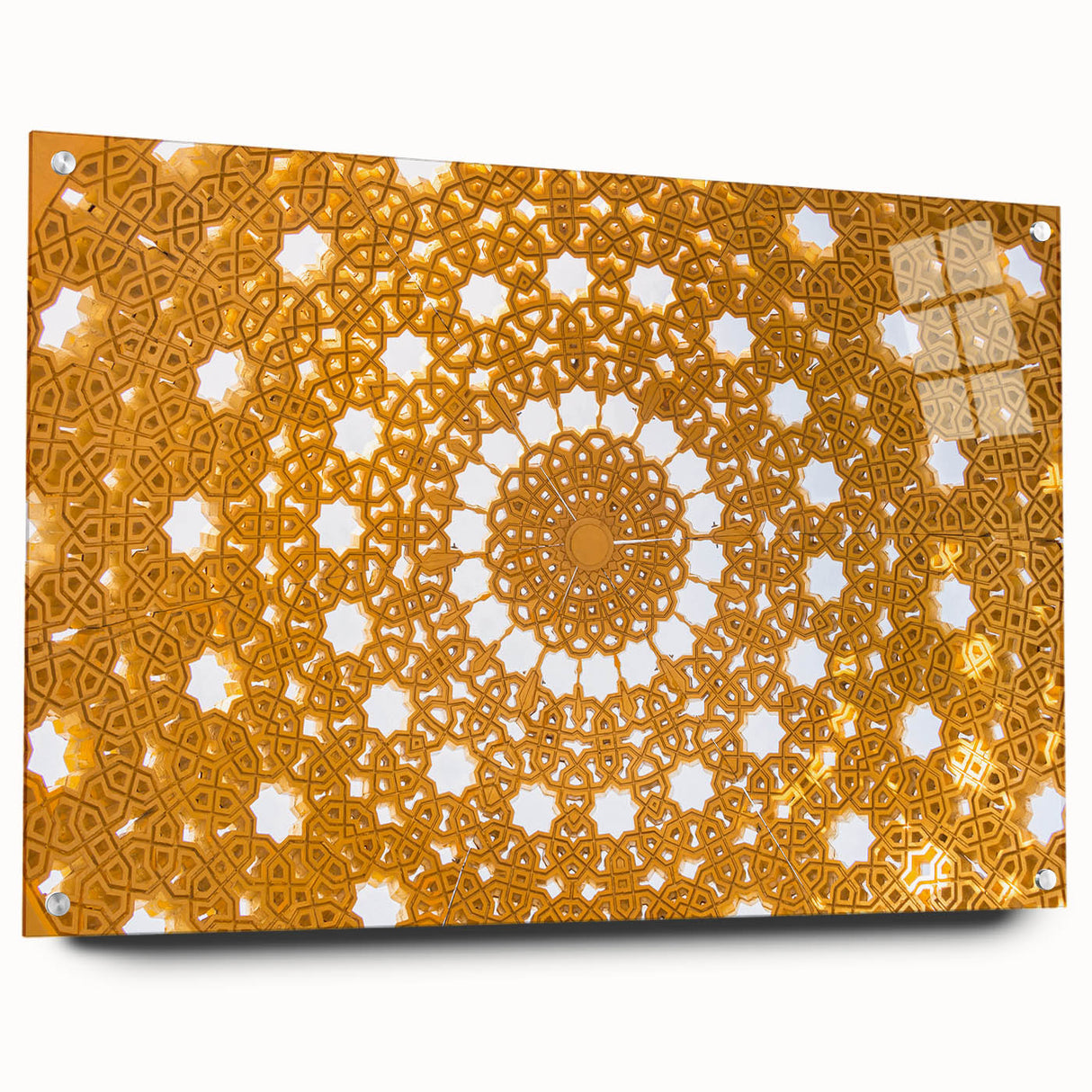 Large abstract wall art depicting a Middle Eastern scenery on acrylic glass, in muted earth tones.