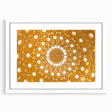 Abstract art print of an Omani landscape in muted earth tones on a framed white mat, ideal for dining room decor.