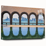 Large abstract wall art of a Qatar scenery in muted earth tones on acrylic glass, suitable for bedroom or dining room decor.
