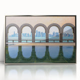 Mid-century modernist art depicting the Qatar skyline in silver and gray hues on a framed acrylic print.